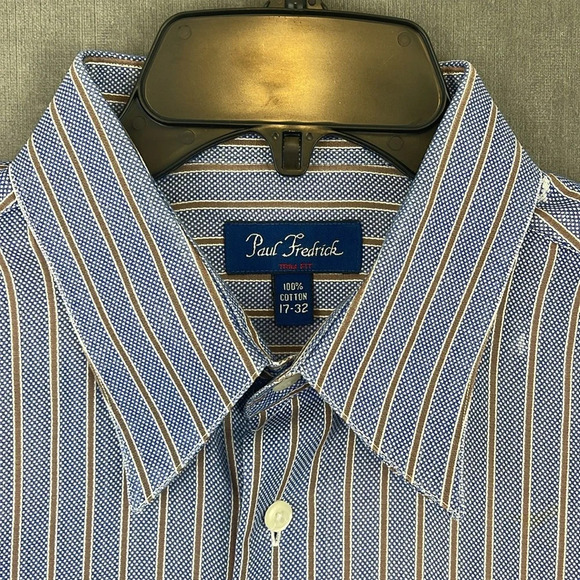 Paul Fredrick‎ Men’s LS Oxford Dress Shirt Blue Stripe Size 17-32 Trim Fit - Picture 3 of 10